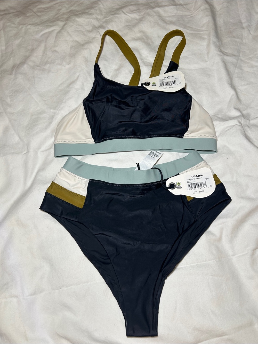 prAna Colorblock High-Waist Bikini Set in Black, White & Olive